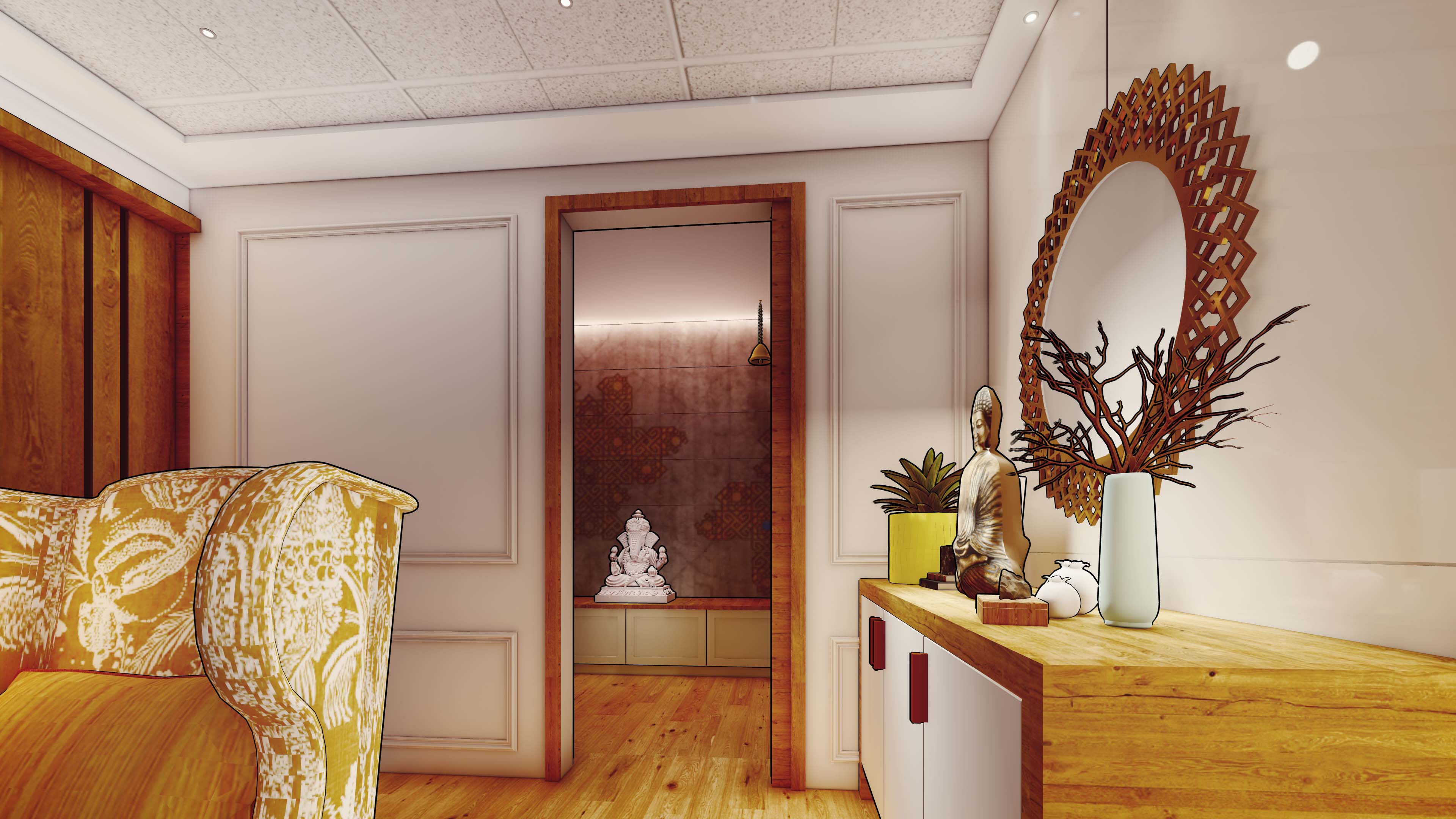Contemporary entrance foyer with Buddha statue